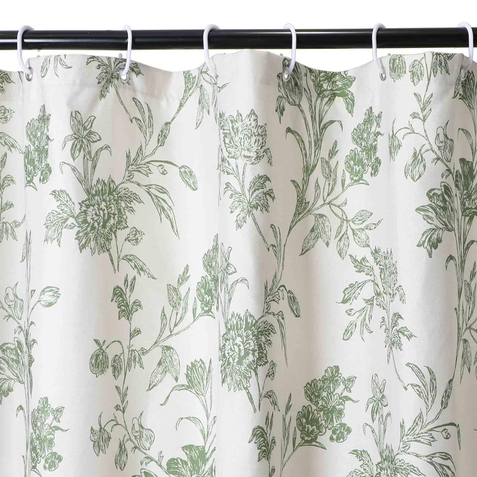 WELTRXE Faux Linen Shower Curtain, Shower Curtains Mould Proof Mildew Resistant, Waterproof Bathtub Bath Curtain with 12 hooks, Weighted Hem, Quick Dry, Machine Washable, 183x183cm, Green Floral