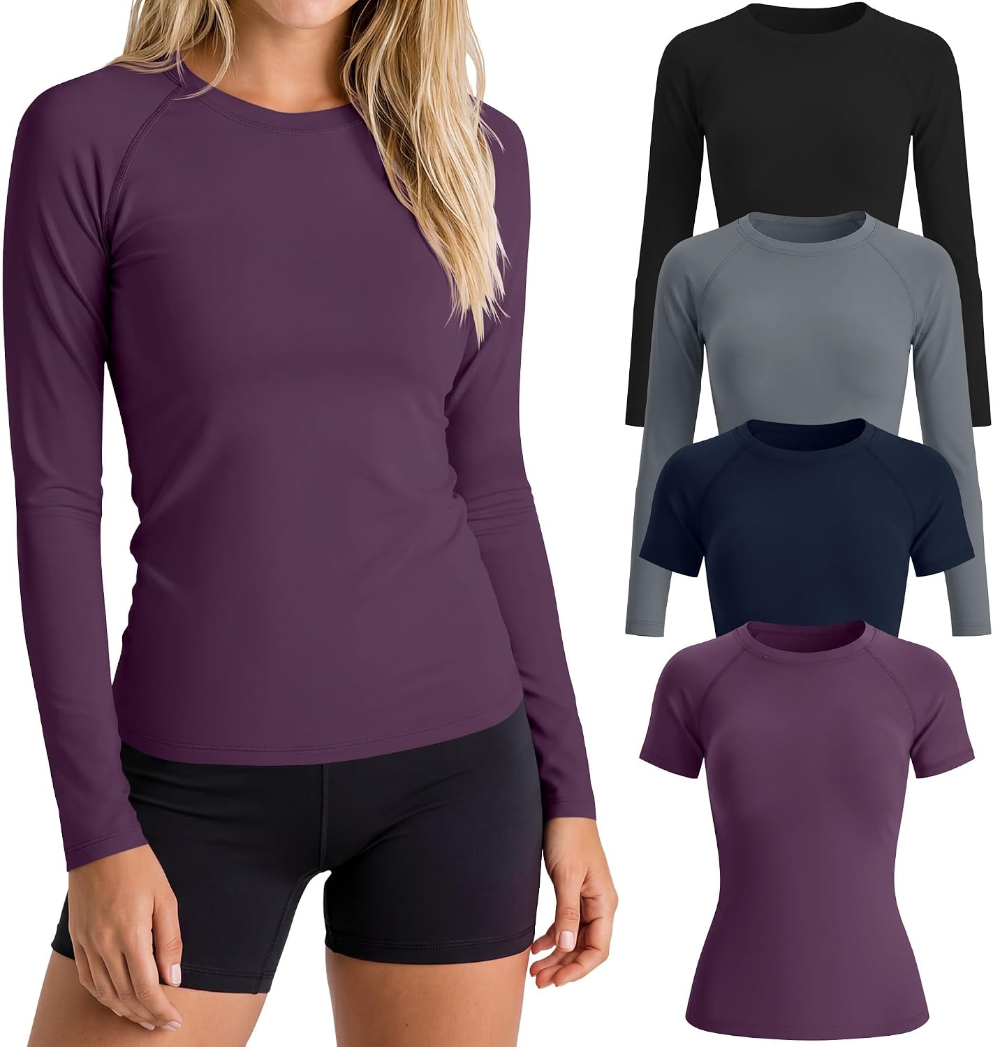 4 Pack Women's Compression Shirts Long/Short Sleeve Crew Neck Slim Fit Tops Basic Workout Yoga Gym Sports Gear