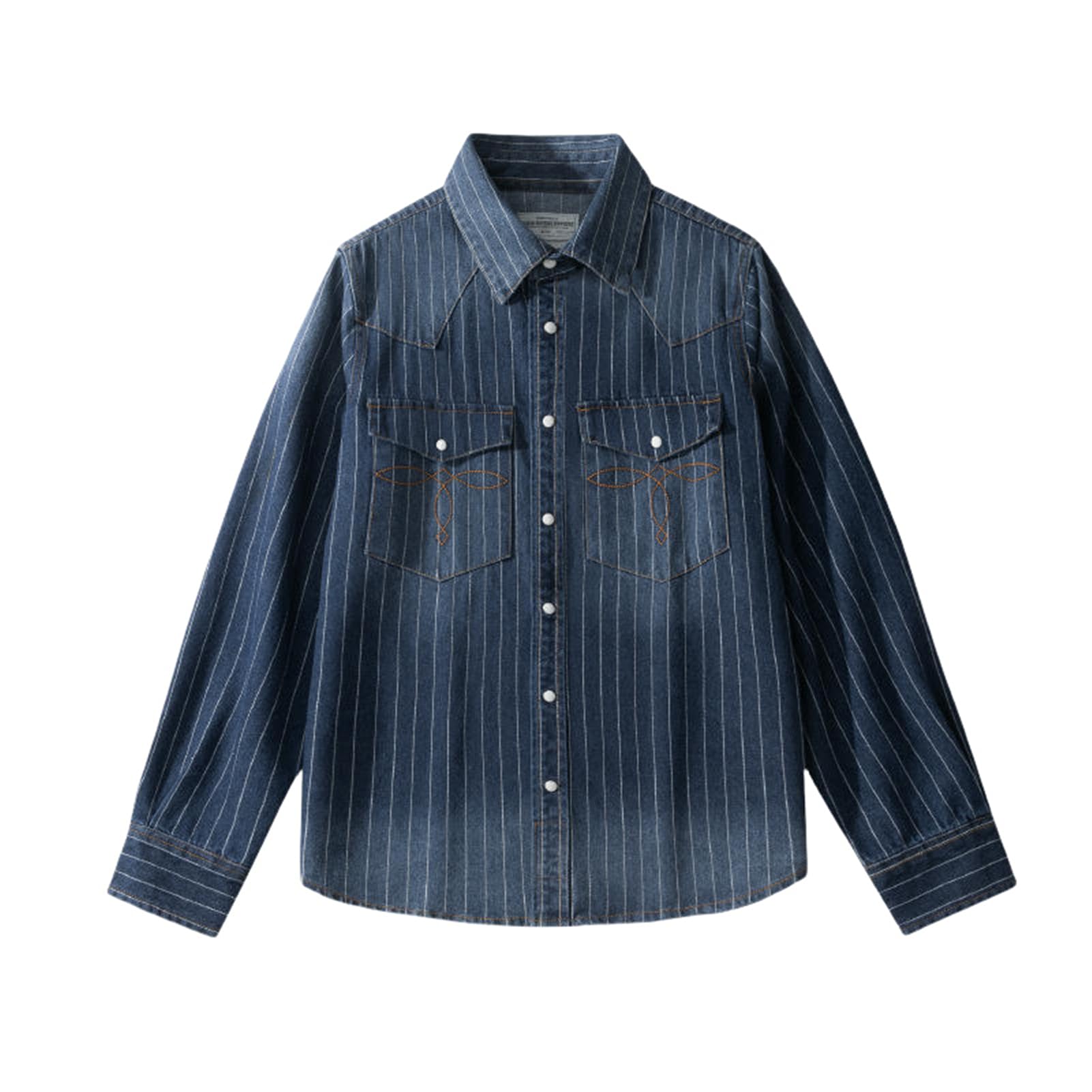 Camisa de mezclilla desgastada a rayas con botones y acabado retro lavado 6