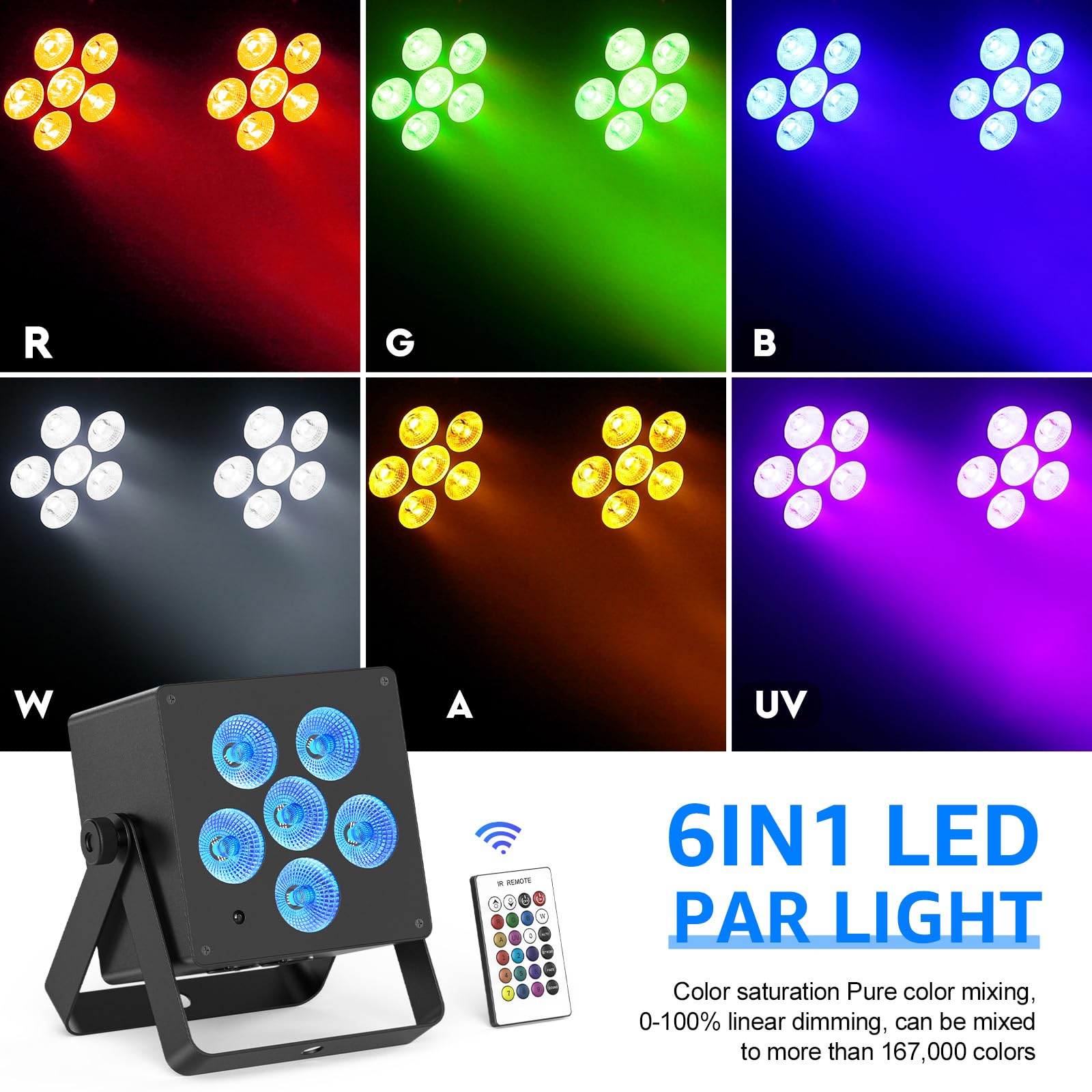 Foco par LED con batería de 50 W Luz de escenario RGBWAUV DMX512 6 en 1 con control remoto, iluminación ascendente con batería de 12 horas para DJ, fiesta disco, KTV, boda, cumpleaños