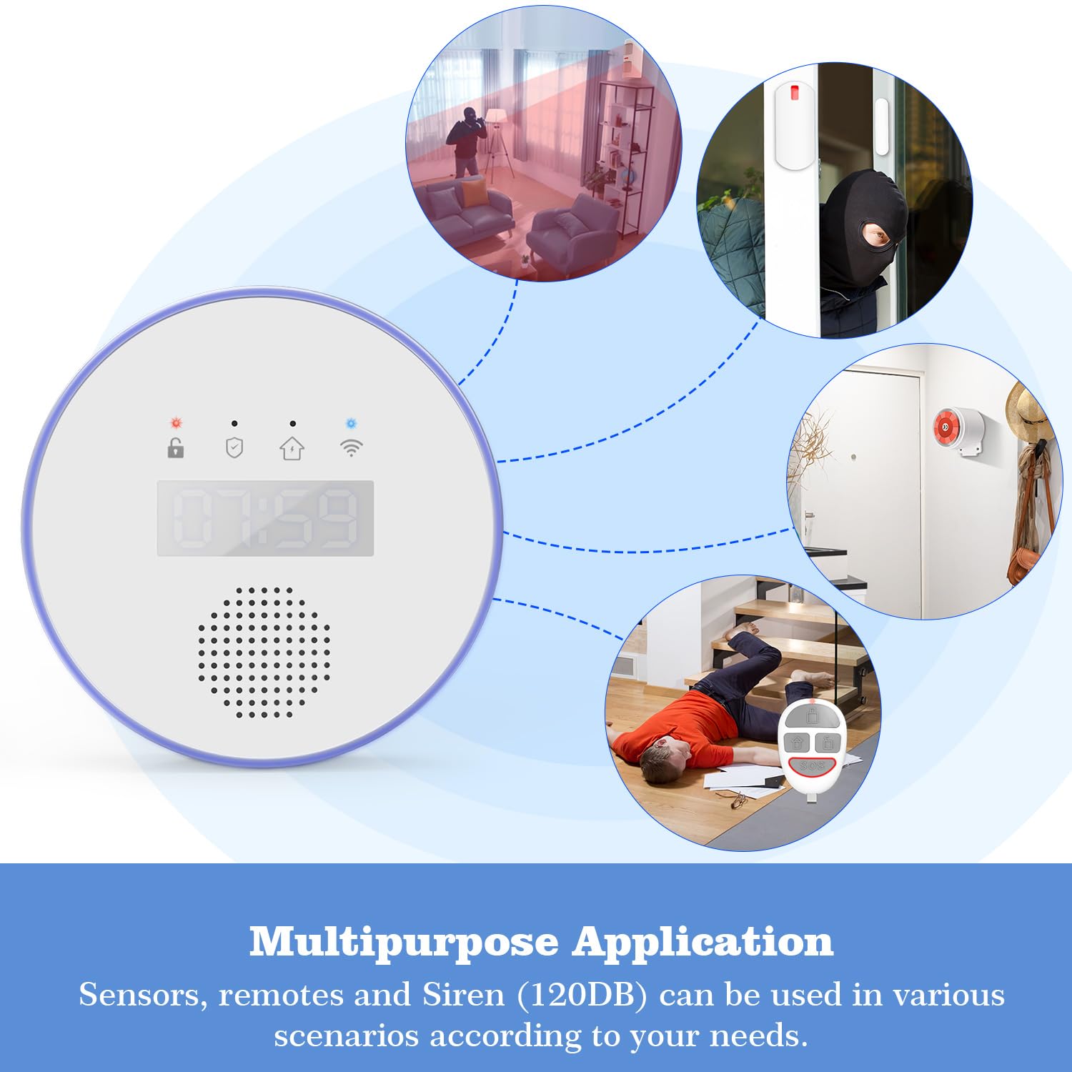 YISEELE Antifurto casa con 15 pezzi, Allarme casa senza fili, 2.4G/5G Allarme casa con 1 PIR Sensore, 10 Sensori Per Porte E Finestre E 1 Sirena E 2 Telecomandi, Tramite App, Compatibile con Alexa