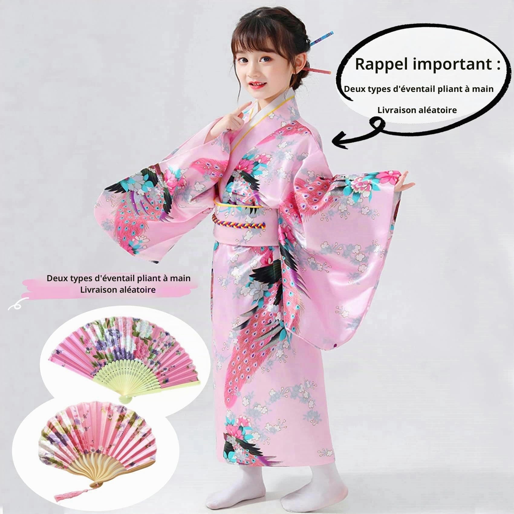 Kimono Japonais Fille à Double Couche Motif Paon avec Obi et Coussin Dorsal - Ensemble Déguisement Fille avec Éventail et Chaussettes Tabi - Kimono Enfant Cosplay pour Carnaval, Spectacle et Fête