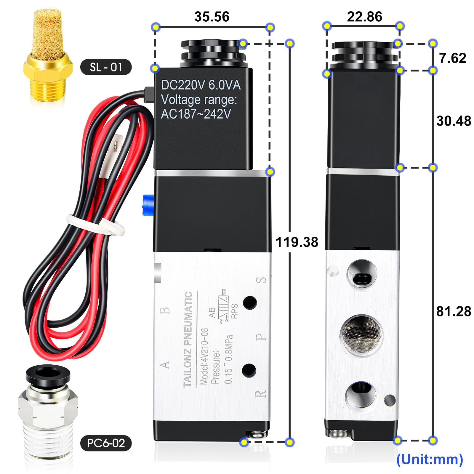 TAILONZ PNEUMATIC 4V210-08 Solenoid Valve – 1/4" NPT, AC220V, 2 Position 5 Way, With Junction Box