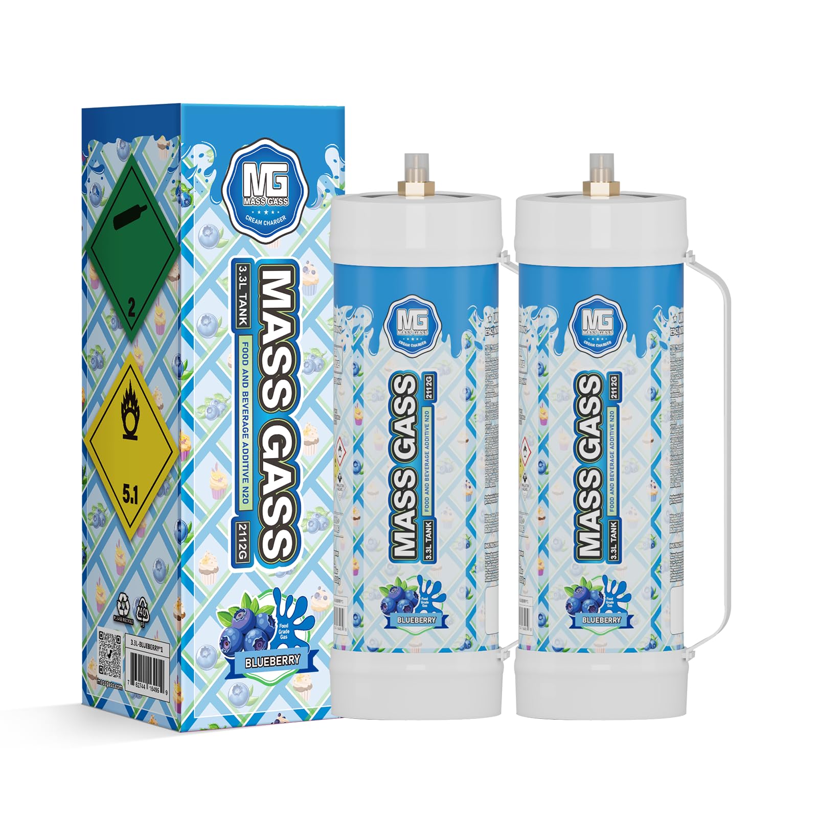 MassGass Cream Charger 3.3L Tanks 2112g×2 Whipped Cream Charger Cylinder Food Grade Blueberry Flavor for Whipped Cream Dispenser, 2-Pack