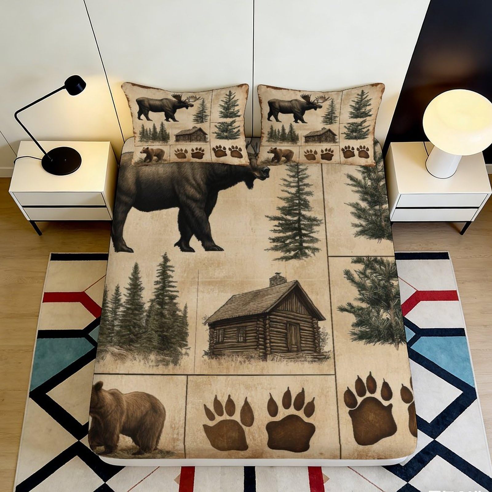 Jqzkxnhpbr Style-7 3D Printed Bear Forest Fitted Sheet Microfiber Soft Cabin Paw Mattress Cover For Bedroom Guest Room Decor 90X200x25cm