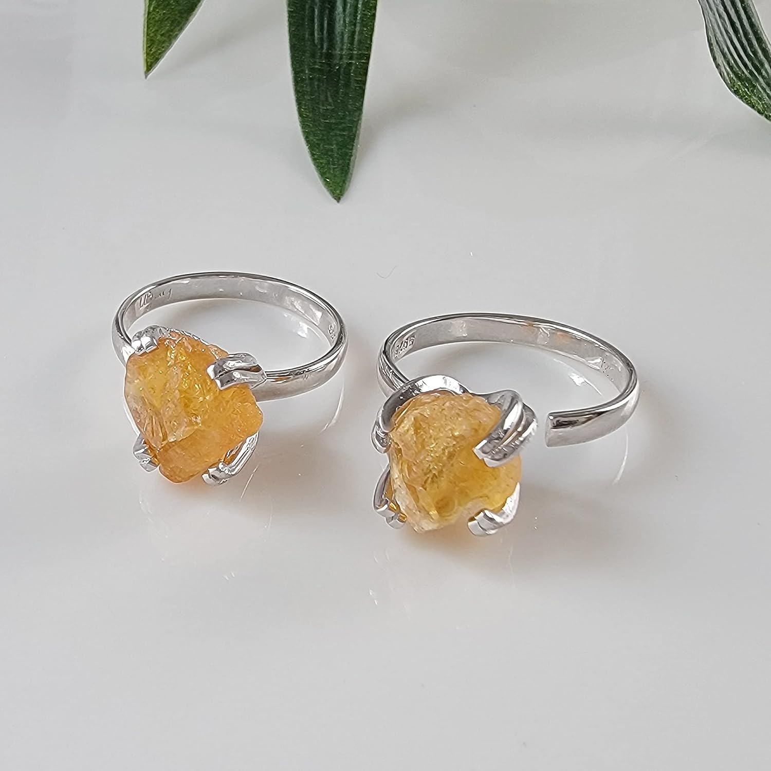 Natural raw gemstone adjustable finger ring with white gold over 925 sterling silver, perfect birthstone gift for her, Uniquelan Jewelry