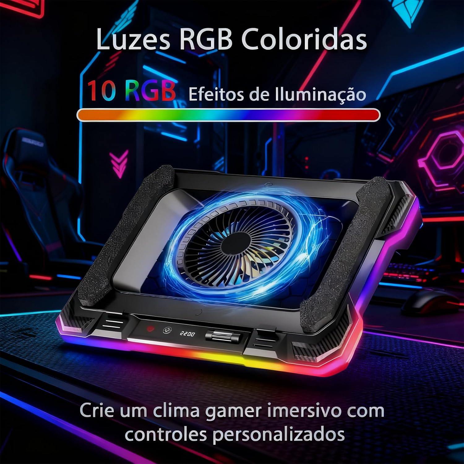 Base Cooler Notebook com Resfriamento Turbo 2200 RPM, Iluminação RGB Gamer, Controle Touch, Monitoramento em Tempo Real, 7 Ângulos Ajustáveis e Hub USB - Base para Notebook Gamer e Trabalho 14" a 19" Base Cooler Notebook com Resfriamento Turbo 2200 RPM, Iluminação RGB Gamer, Controle Touch, Monitoramento em Tempo Real, 7 Ângulos Ajustáveis e Hub USB - Base para Notebook Gamer e Trabalho 14" a 19"
