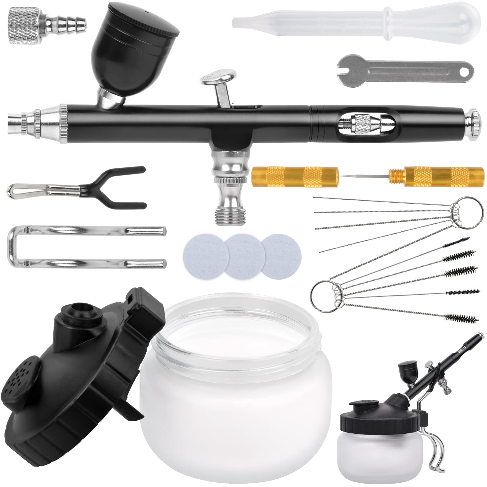 Pistola de aerógrafo con kit de limpieza de aerógrafo, kit de aerógrafo pistola de pulverización de agujas de 0,3 mm, alimentación por gravedad de doble acción, olla de limpieza de vidrio con soporte