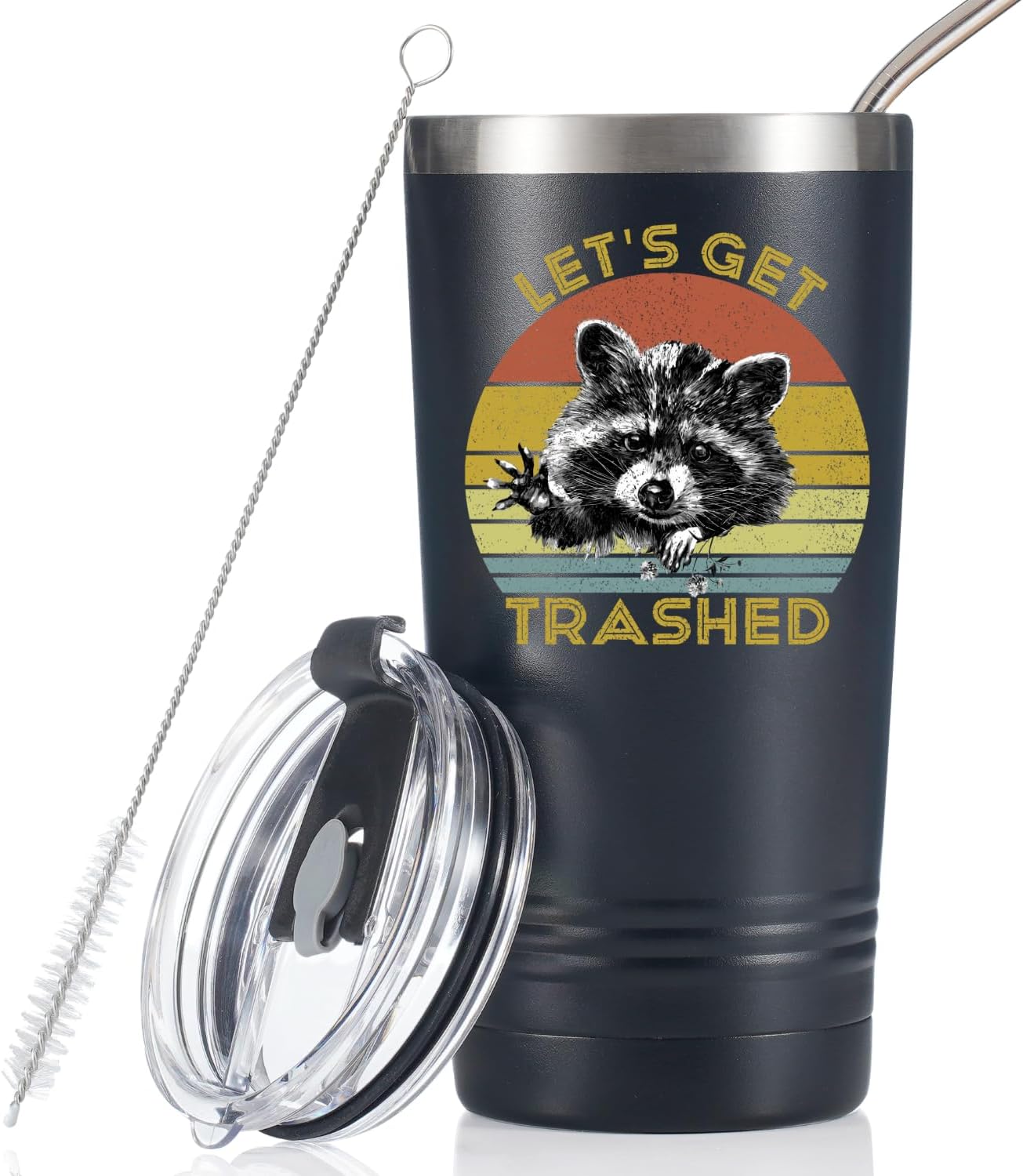Onebttl Raccoon Gifts for Men and Women, Insulated 20 oz Stainless Steel Travel Tumbler with Straw, Brush, Lid, and Gifts Box, LET'S GET TRASHED