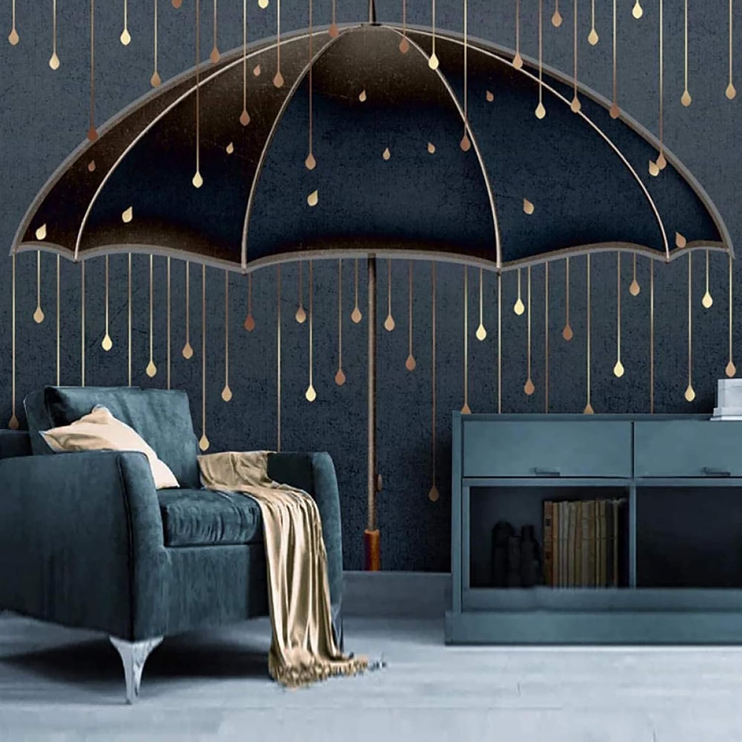 Abstract Umbrella Rainy Day 3D Photo Wallpaper Mural, Golden Raindrops Mural Wallpaper, Wall Decor for Living Room Bedroom Study TV Background Mural - 78.7"x 55.1"(W x H)
