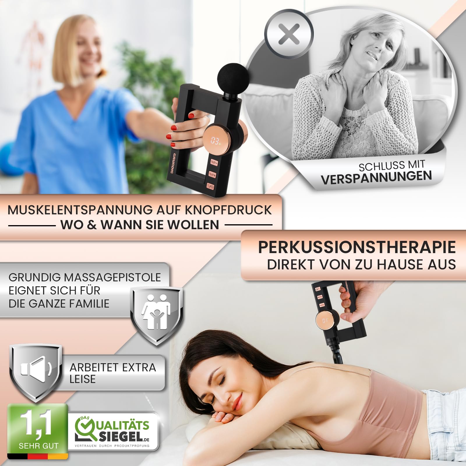 GRUNDIG Massagepistole Massagegerät mit TIEFENWÄRME - kompakte Akku Massage Pistole mit 4 Heizstufen und 32 Massagestufen für Zuhause, Büro und Unterwegs - Massage Gun für Rücken Nacken Schulter