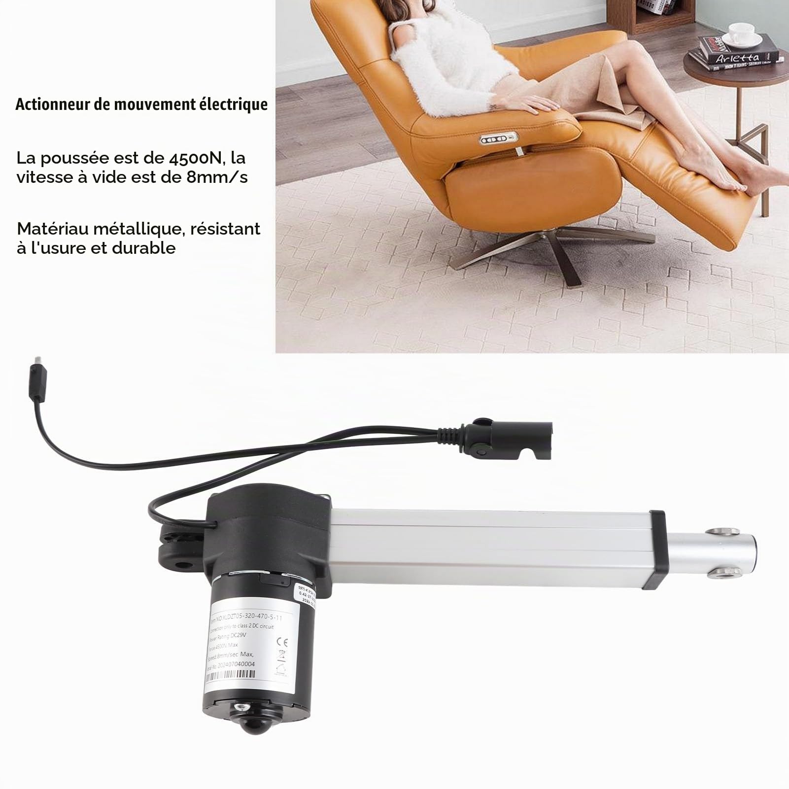Fockety Actionneur électrique linéaire, Course de 150 mm DC 29V 4500N Actionneur linéaire de Course de 7 mm/s Actionneur électrique à Course Robuste pour Fauteuil inclinable, Ascenseur, domotique