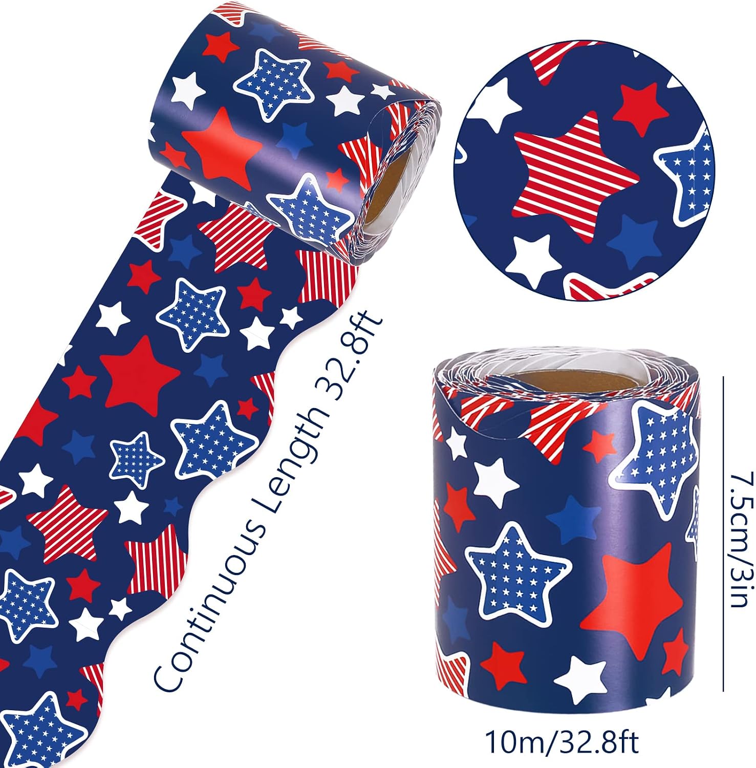Whaline 32.8ft Patriotic Bulletin Board Borders Red Blue Star Die-Cut Bulletin Board Stripes Star Patterned Roll Trim Border for 4th of July 250th Anniversary School Classroom Office Chalkboard Decor