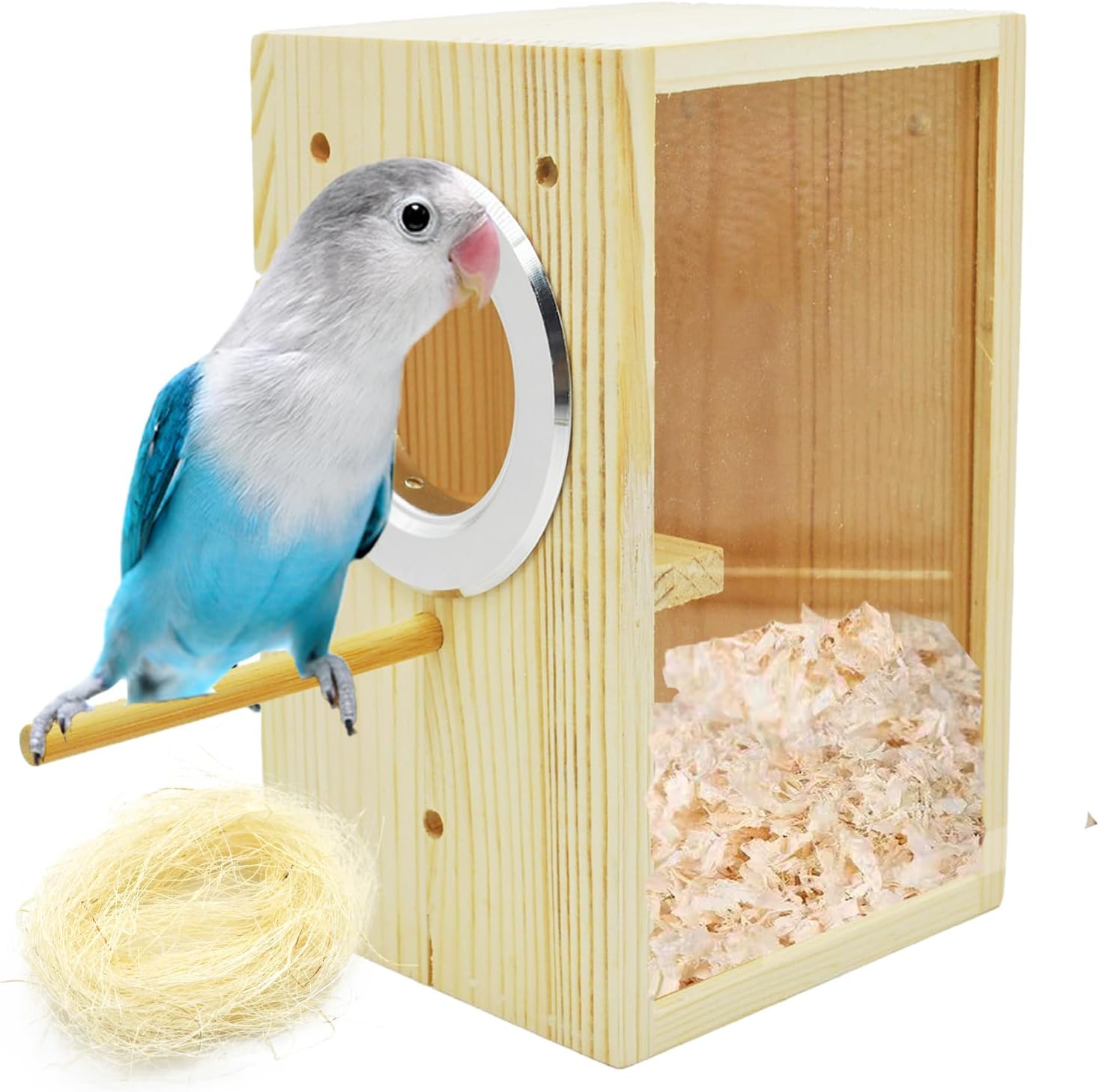 Vertical Parakeet Nesting Box,Transparent Bird Nesting Box Natural Wood Parakeet House for Cage Clear Acrylic Budgie Breeding Nest for Lovebird,Cockatiel,Parrot,Budgie,Conure,Finch