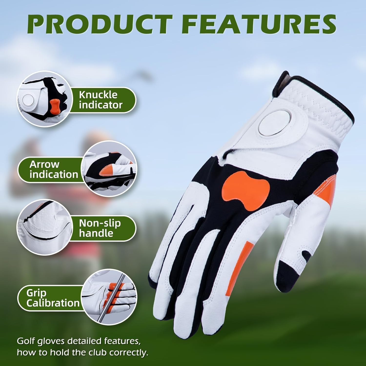 Grip Training Golf Glove, Golf Gloves Men Left Hand, Mark with Orange Shiny Material, Visual Guidance Grip Swing, Correcting Griping and Positioning a Club Hand Positions