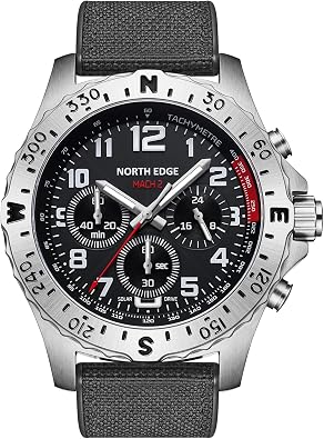 NORTH EDGE Mens Solar Powered Watch with TPR & Nylon Strap, Quartz Analog Watch, 50M Water Resistant, 316 Stainless Steel Case, Hardened Mineral Glass, 22mm Strap