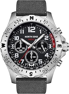 NORTH EDGE Men’s Solar Powered Watch with TPR & Nylon Strap, Quartz Analog Watch, 50M Water Resistant, 316 Stainless Steel Case, Hardened Mineral Glass, 22mm Strap