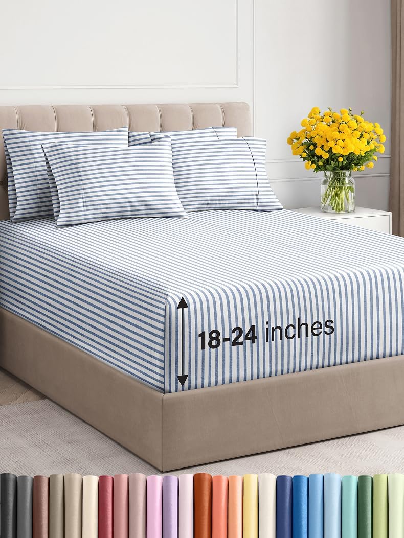 Extra Deep Queen Sheet Set - 6 Piece Breathable and Cooling Sheets - Hotel Luxury Bed Sheets Set - Easy Fit - Soft, Wrinkle Free and Comfy Sheets Set - Blue Striped Sheet Set with Extra Deep Pockets