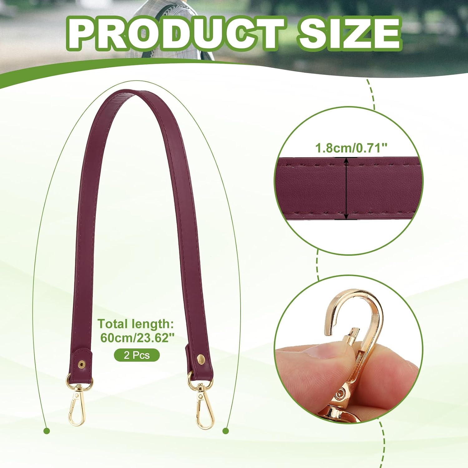Leather Purse Strap Replacement PU Short Bag Handles with Gold Lobster Buckles, 23 Inch Length Fit for Handbags Shoulder Bag Accessories - Rectangle (2 Pack, Dark Red) image 2