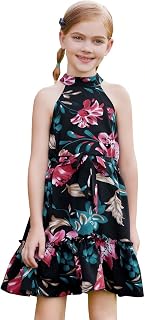 Girl's Tropical Print Ruffle Hem Belted Halter Sleeveless A Line Dress