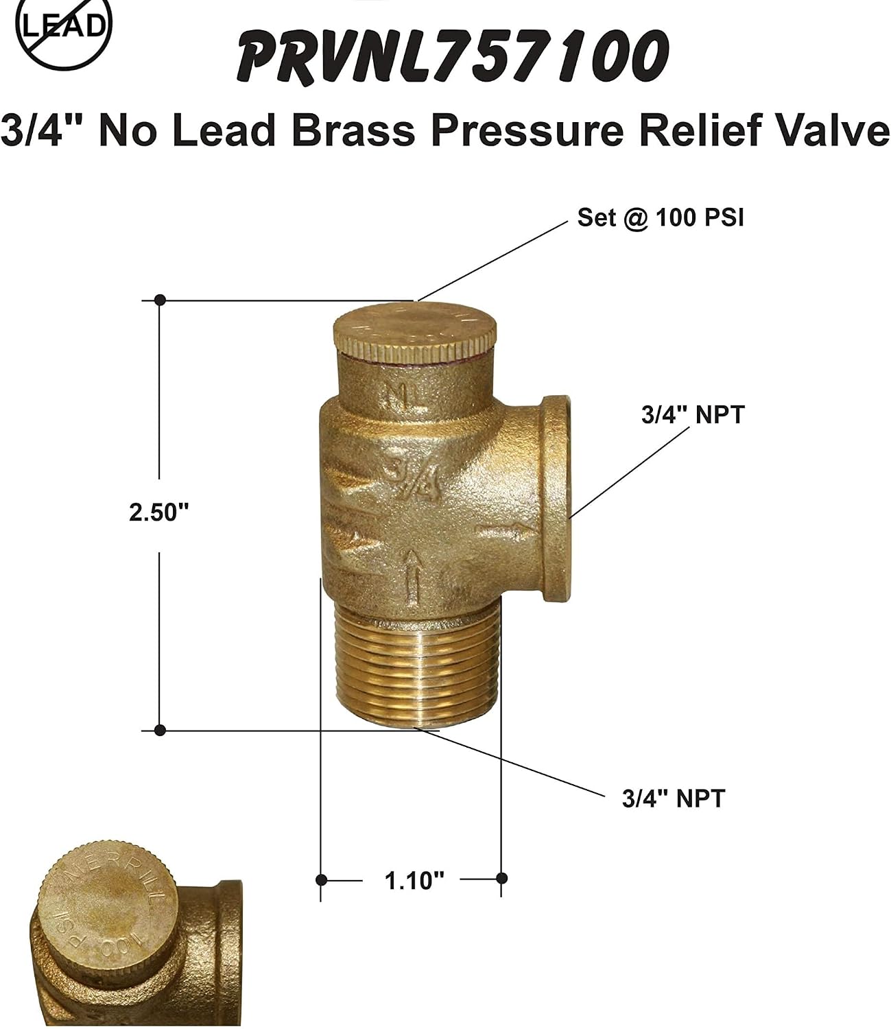 Merrill MFG 3/4" Lead-Free Brass Pressure Relief Valve – 100 PSI Water System Safety Valve, NPT Thread, Durable Corrosion-Resistant Design for Well, Plumbing & Irrigation Systems