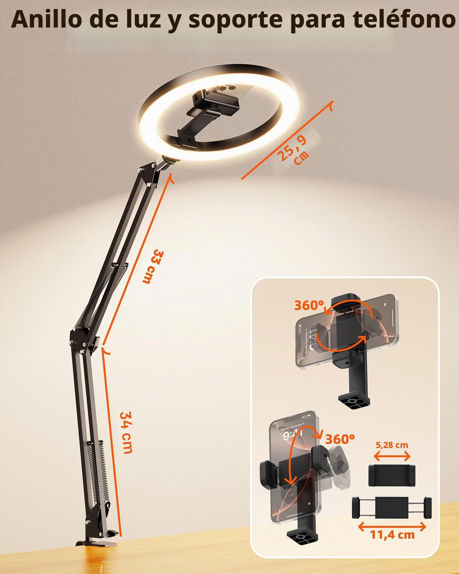 LUXSURE Aro de Luz con Tripode, Ring Light con Función Bluetooth, 10'' Anillo de Luz Aro de Luz con Brazo de Soporte Resistente y Soporte para Teléfono para Grabar Videos, Cocina, Transmisión en Vivo