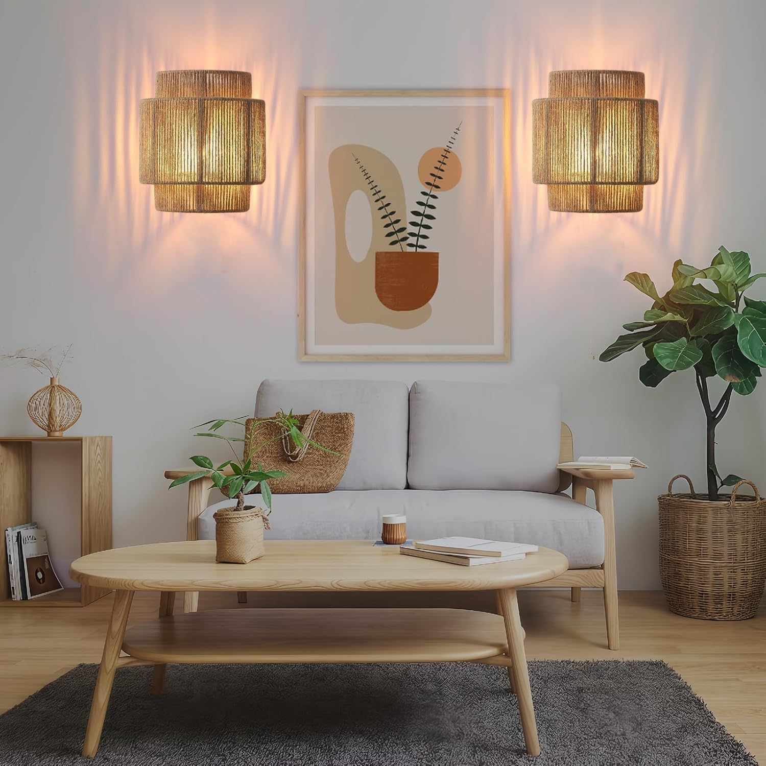 OOWOKS E27 Boho Vintage Rattan Wandlampe mit Stecker Kabel, Wandleuchte Innen mit Schalter, UP & Down Beleuchtung Handgewebter Rustikal Rattan Bambus Nachttischlampe für Wohnzimmer Schlafzimmer
