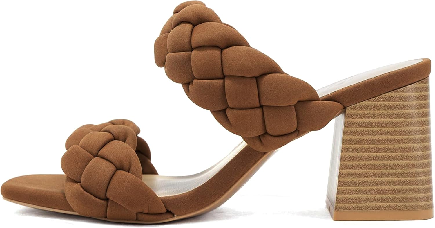 Soda BUGGY ~ Women Double Braided Straps Casual Open Square Toe Fashion Slide Block Heel Sandal (7, Lt Cognac, numeric_7)