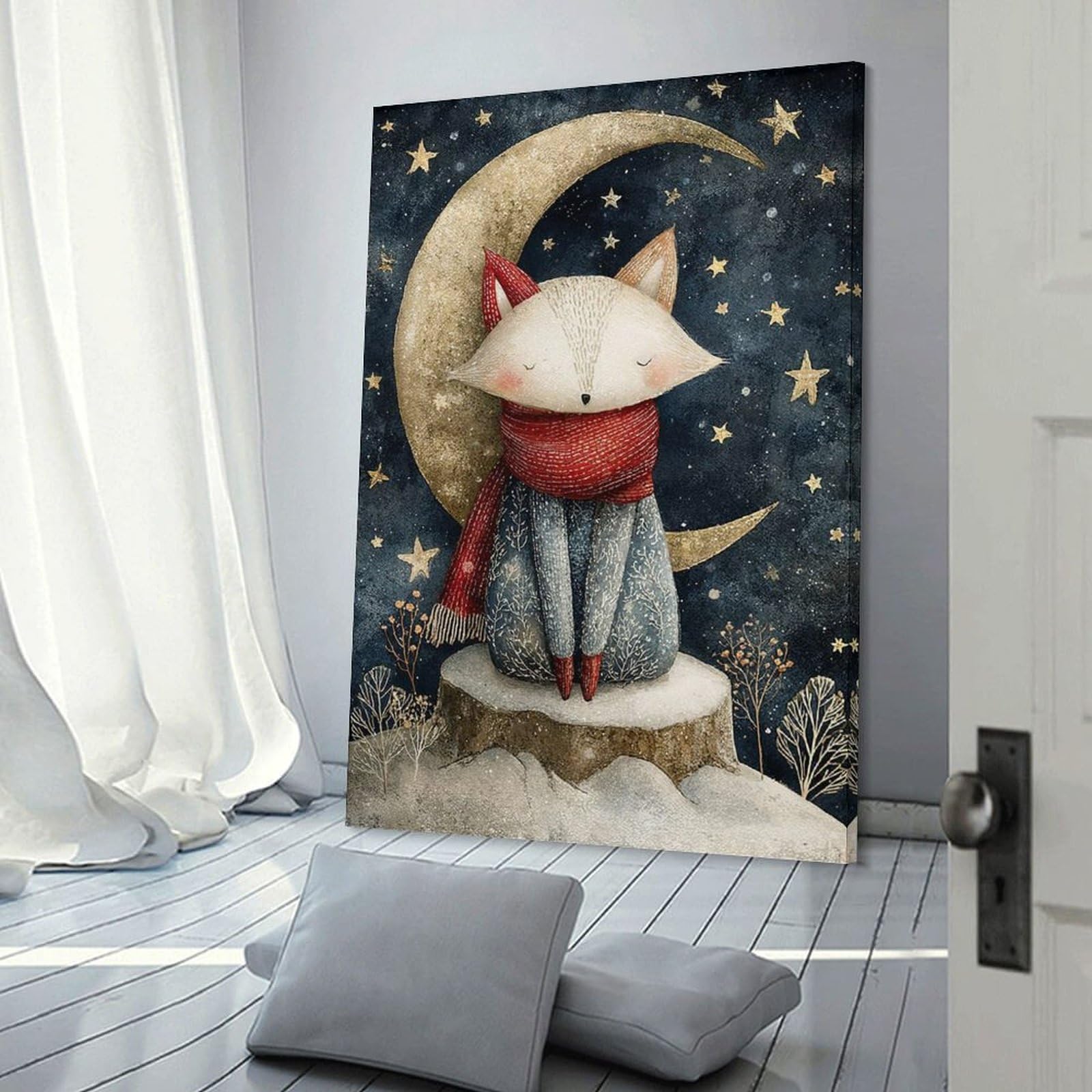 Junmoney Frame-Style-8 Hanging Wall Art Fox On The Moon Watercolor Illustration, 08X12inch(20X30cm), For Gallery Wall Layouts In Home Or Office, An Easy Match For Collected Prints