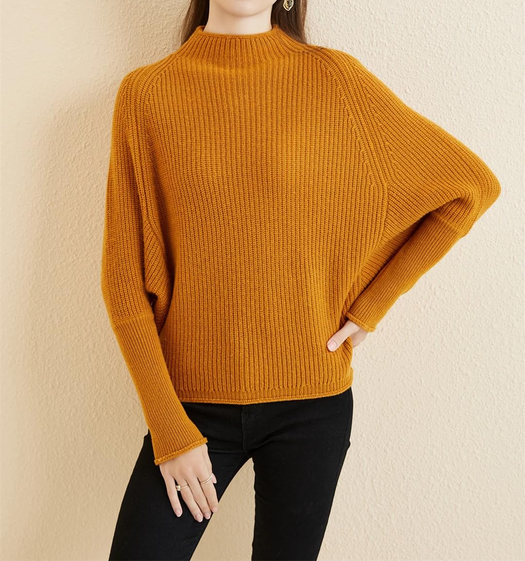 Disimlarl Damski sweter z wełny merynosów, jesienno-zimowy, oversize, sweter z długim rękawem, dzianinowy sweter