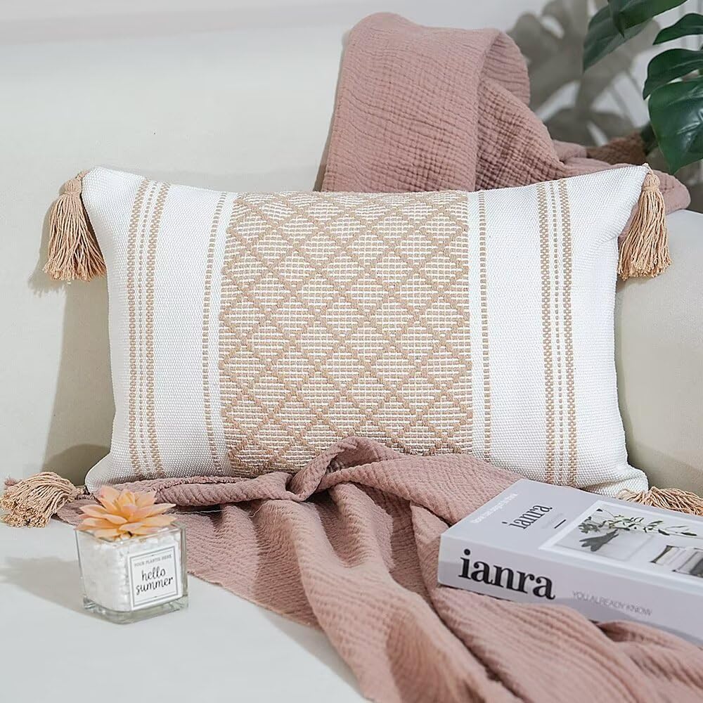 2 federe per Cuscini con Nappe Boho Decorative,Double-Face,con Accenti neutri,in Tessuto Trapuntato,in Cotone e Poliestere,per Divano,Camera da Letto,Stile Fattoria,Beige,
