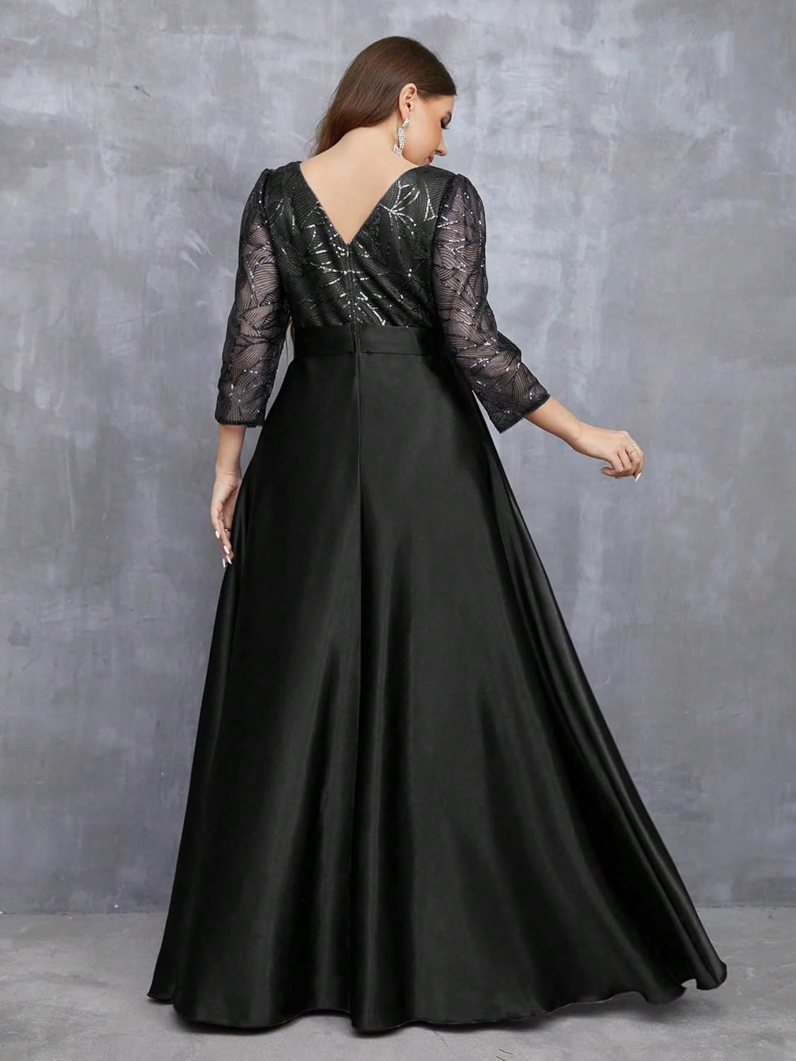 Women's Plus Size Sequin Embellished with Satin A-line Hem 3/4 Sleeves Formal Evening Gown Maxi Long Dress - Image 2