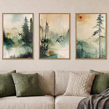 Celestdeco Chinoiserie Nature Framed Canvas Wall Art Set, Mountain and Forest Landscape Painting, Natural Bamboo Pine Tree Lakes Wall Decor for Living Room, Bedroom, Dining Room, Office - 24