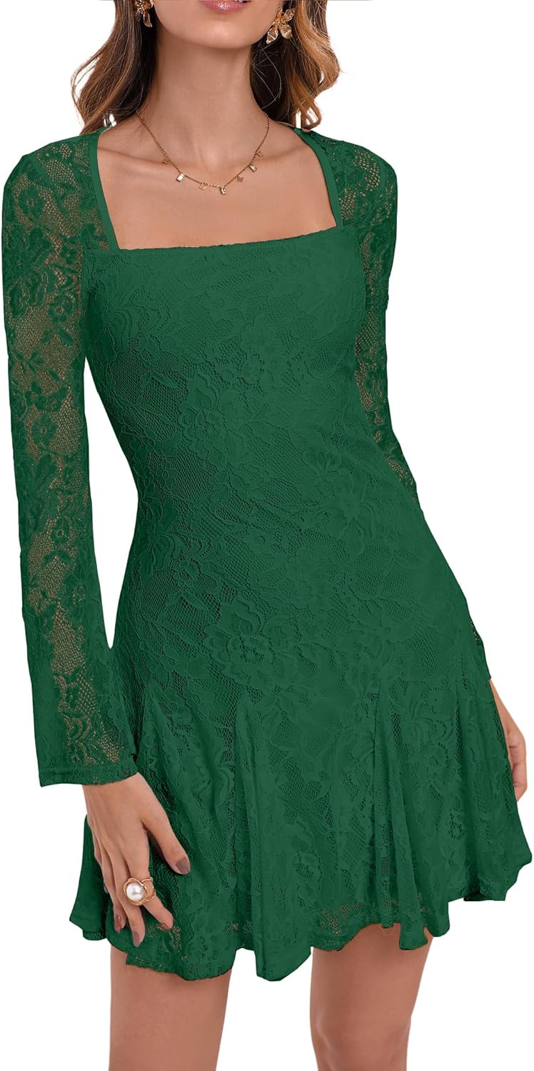 HYPERFIRE Women's Square Neck Floral Lace Mini Dress Flowy Short Dress Mesh Night Out Dresses Club Outfit - Image 6