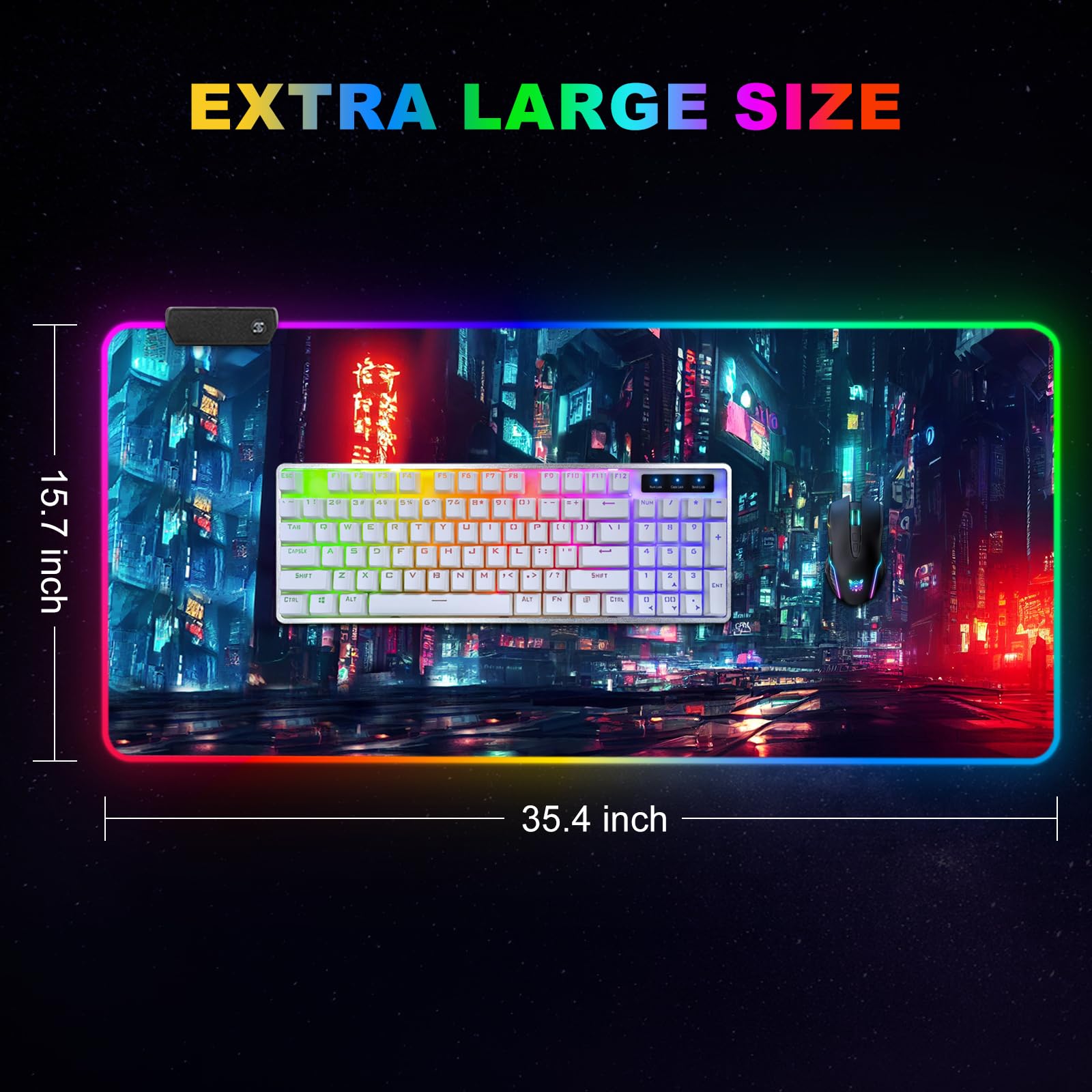 ARTSO Tappetino per mouse da gioco RGB, grande, morbido, esteso, con 14 modalità di illuminazione, 2 luminosità, resistente all'acqua, tappetino per mouse per computer, 89,9 x 40 cm, città notturna