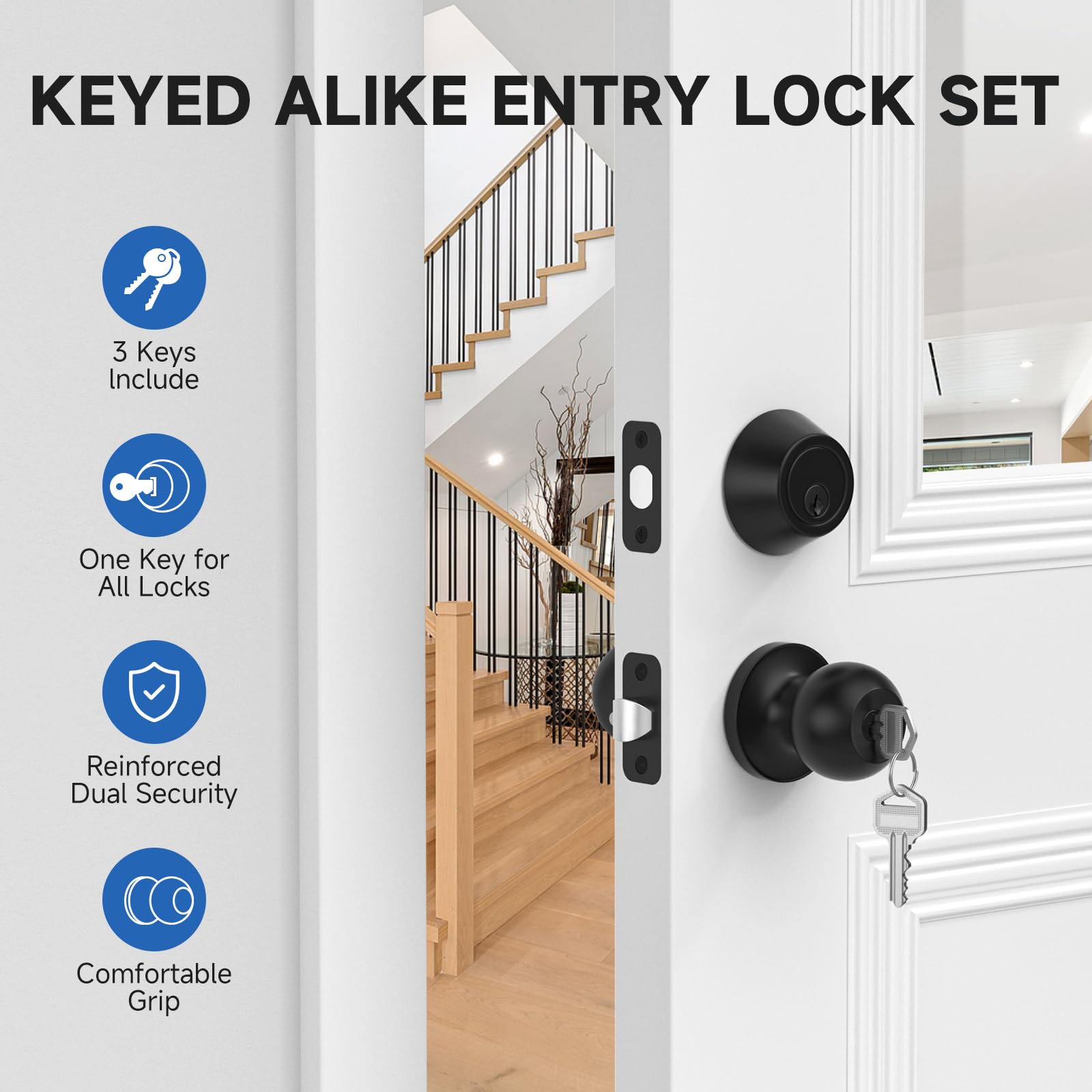 Estmoon 3-Pack Keyed Alike Door Locks - Matte Black -2
