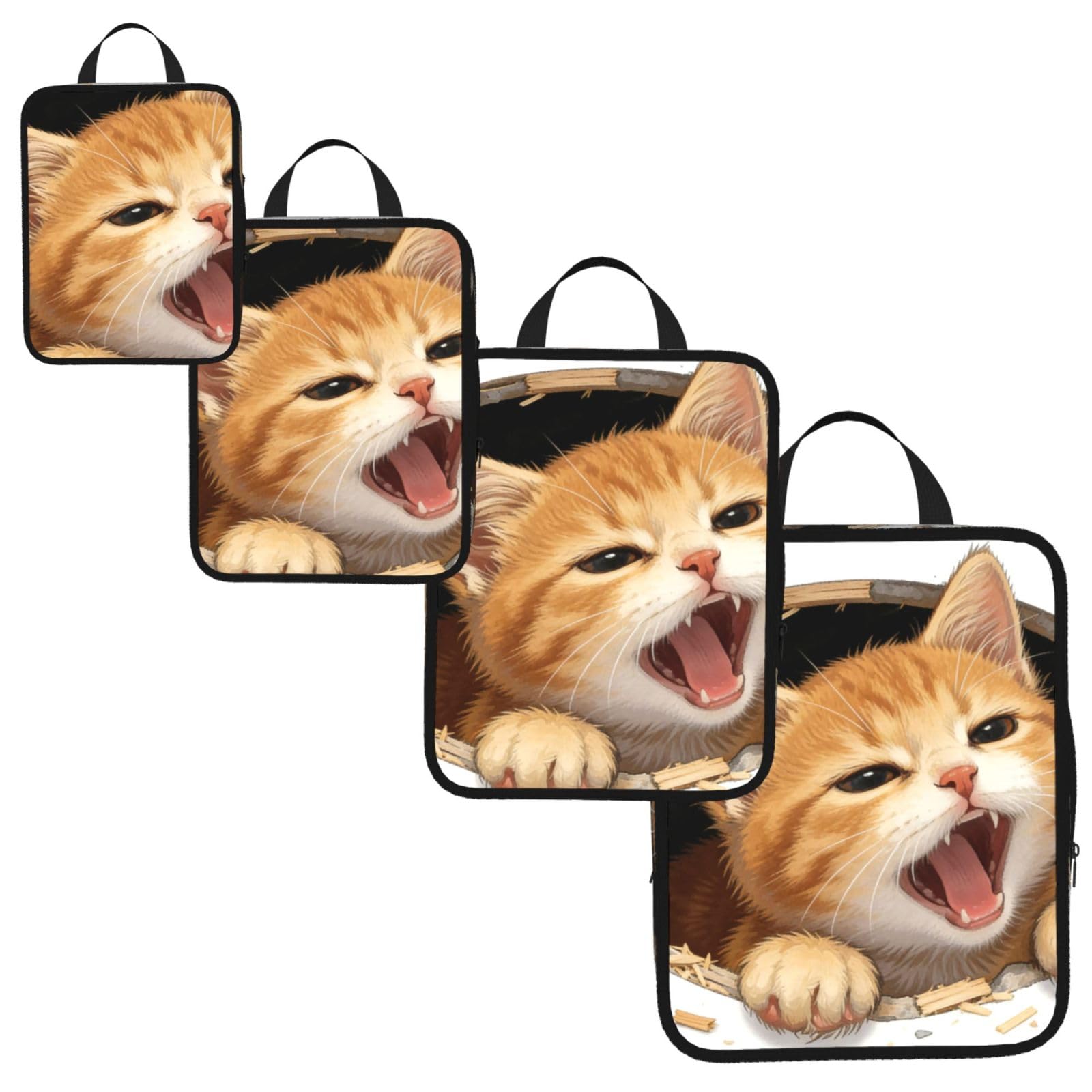 Paquete de 4 cubos de compresión expandibles con estampado de gato de boca abierta para viajes