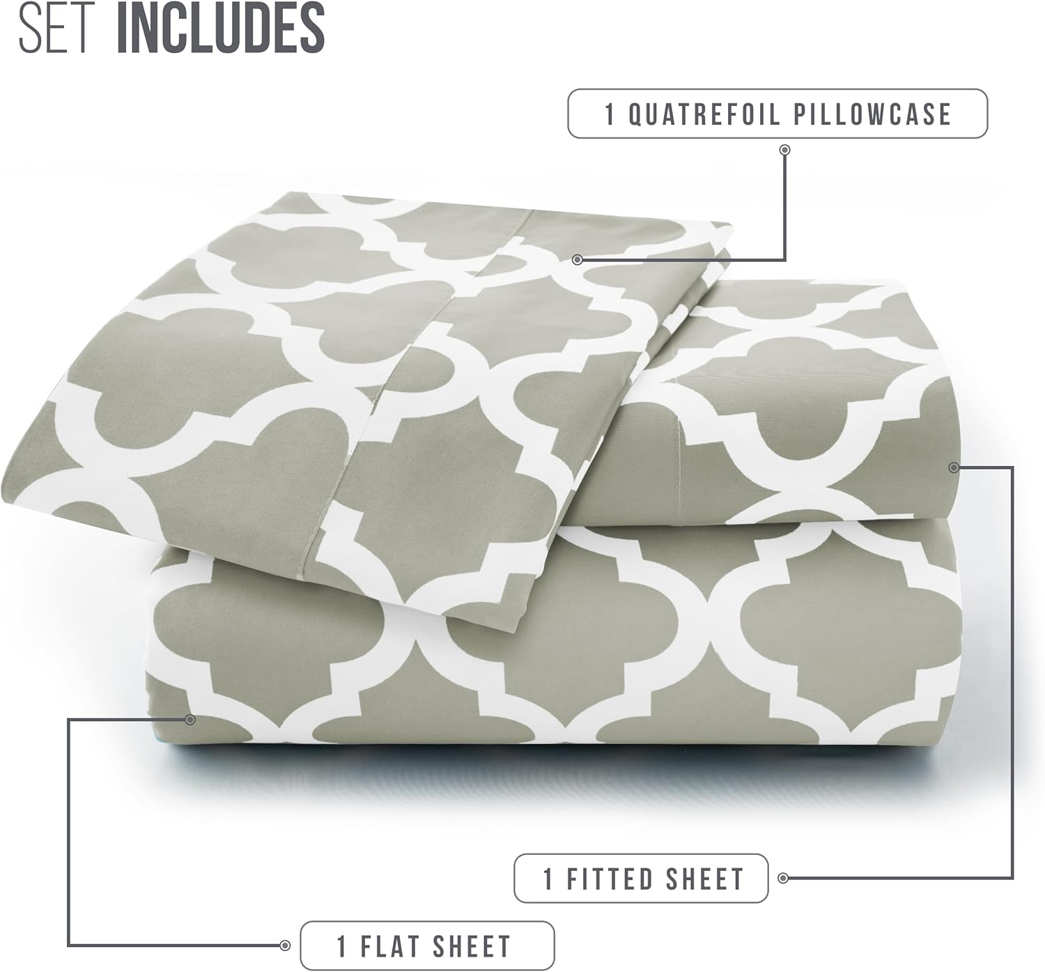 LUX Décor Quatrefoil Twin Sheet Set - 3 Piece Ultra-Soft Microfiber Bed Sheets with Flat Sheet, 16 Inches Deep Pocket Fitted Sheet & Pillowcases, Breathable, Bedroom Decor, Oeko-TEX - Taupe - Image 7