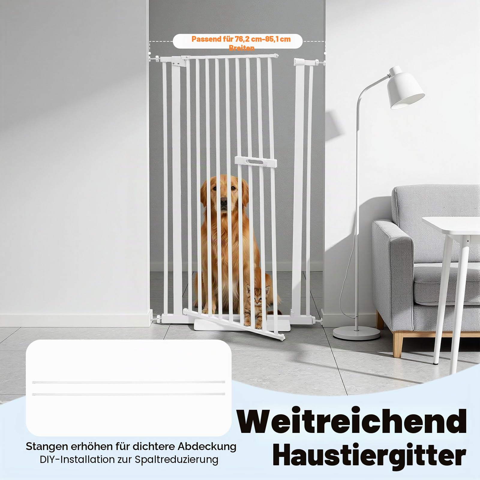 150cm Hohes Türschutzgitter, Treppenschutzgitter ohne Bohren, Sicherheitsgitter für Hunde und Kätzchen, Tuerschutzgitter Metall Selbstschließend, Treppengitter Kindergitter (Weiß)