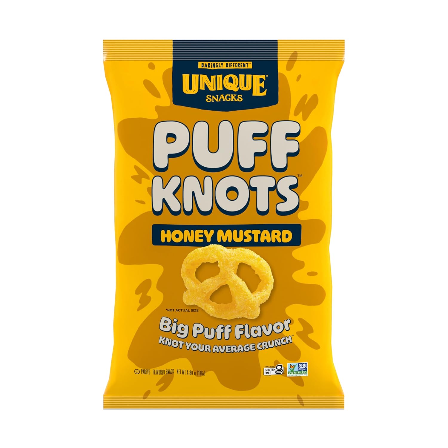 Unique Snacks Puff Knots, Sweet Honey and Savory Mustard Flavor with a Fun Pretzel Crunch, Gluten-Free Snacks, 4.8 Oz. Snack Bag, Pack of 6, Honey Mustard