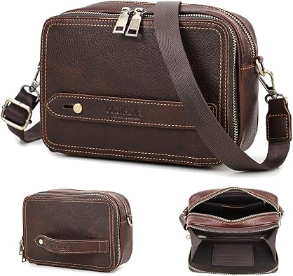 Contacts Mens Clutch Bag Leather Crossbody Bag Clutch Wallet Travel Brown Shoulder Bag iPad Bag Card Holder Phone Purse Side Bag