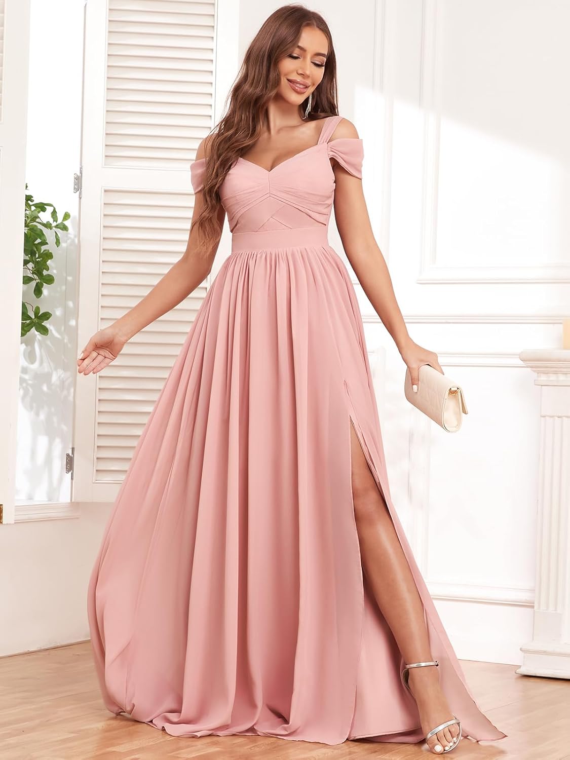 Off The Shoulder Bridesmaid Dresses for Women A Line Chiffon Ruched Long Formal Evening Dress with Slit - Image 8