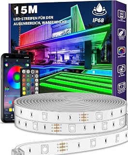 NUERPO 15M Outdoor LED Streifenleuchte Wasserdicht, IP68 Außen LED Lichtband Wasserfest mit App-Fernsteuerung, Musik Synchronisation RGB Outside Lichterkette für Balkon, Terrasse, Dach, Garten, Pool