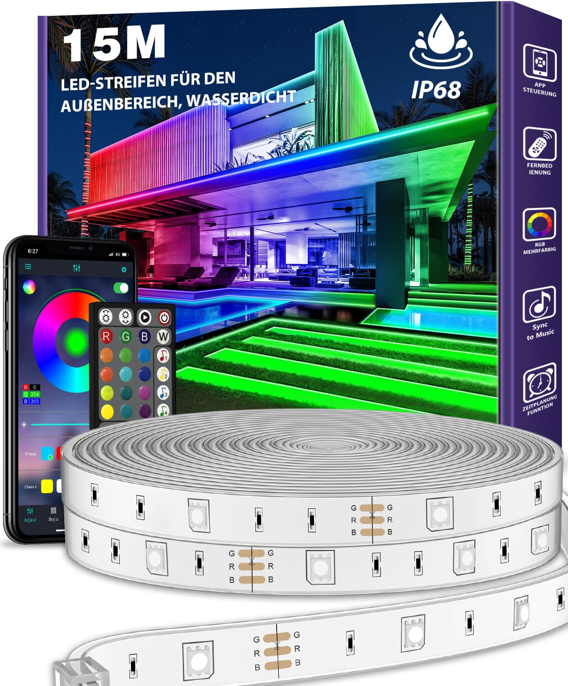15M LED Streifen Außen Wasserdicht IP68, RGB Musik-Synch Aussenlichtband mit App & Fernbedienung, Selbstklebender Farbwechsel-Lichtschlauch für Balkon, Terrasse, Pool, Garten