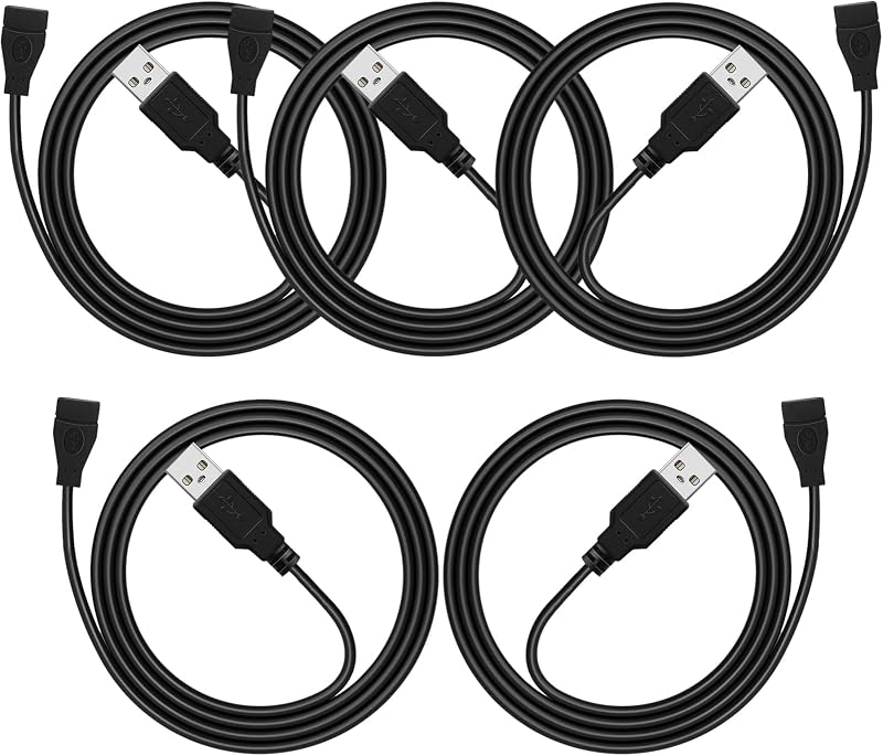 USB Extension Cable 3ft 5 Pack Bulk, USB A 2.0 Male to Female Extension Cord for Printer, Mouse, Keyboard, 480Mbps Transfer Speed, Black
