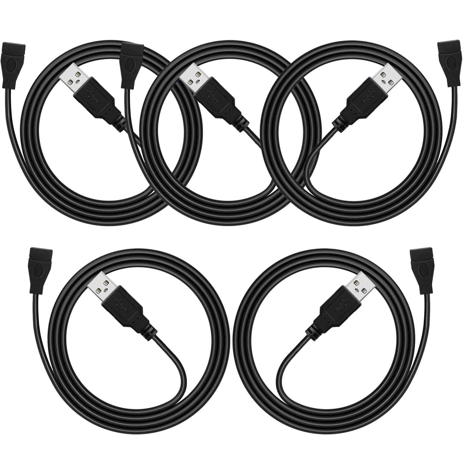 USB Extension Cable 3ft 5 Pack Bulk, USB A 2.0 Male to Female Extension Cord for Printer, Mouse, Keyboard, 480Mbps Transfer Speed, Black
