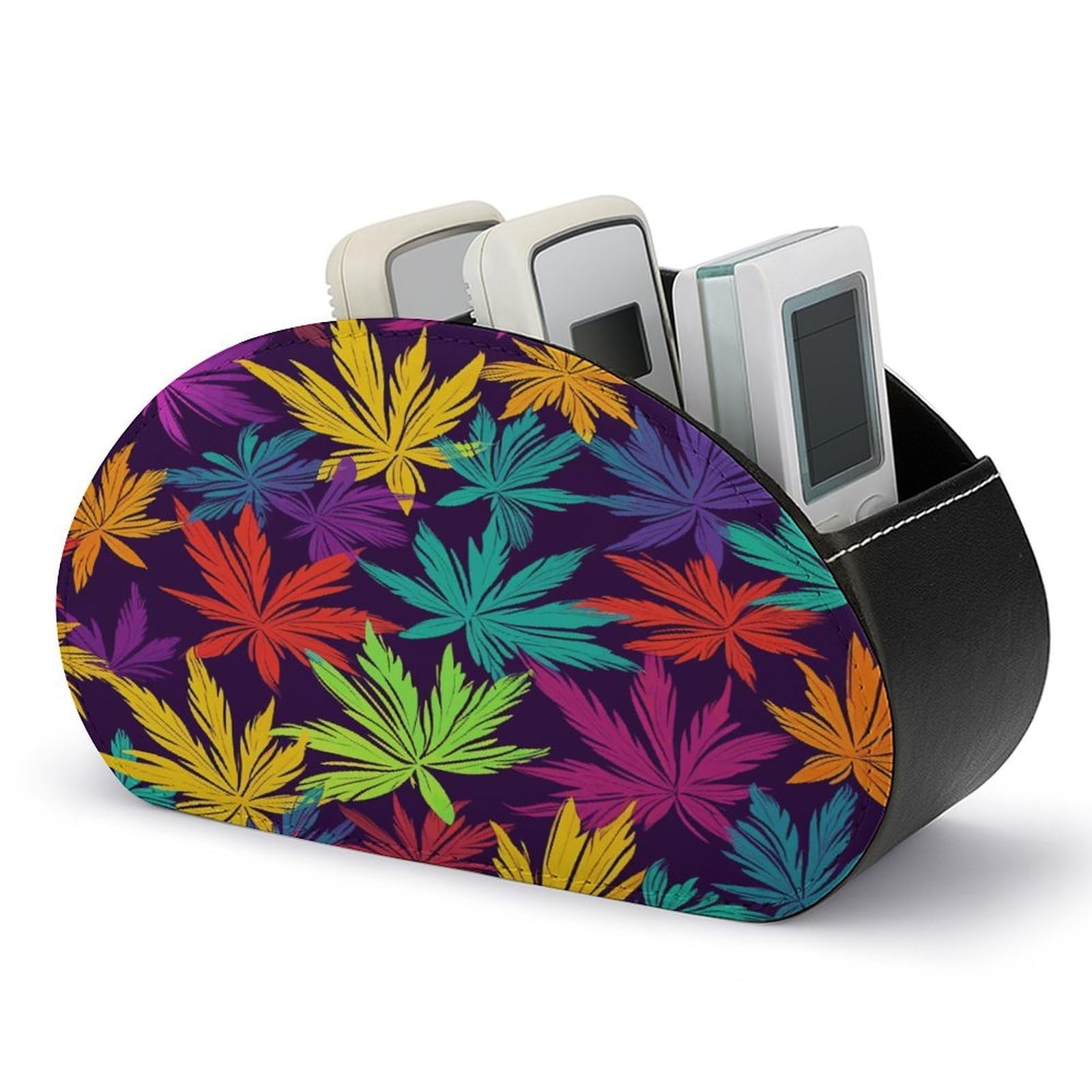 FekiLoot Leather Remote Control Holder with 5 Compartments Bright Colorful Weed Pattern Remote Caddy Desktop Organizer Store TV Remote Holder Remote Organizer for Bedside Table Office Desk