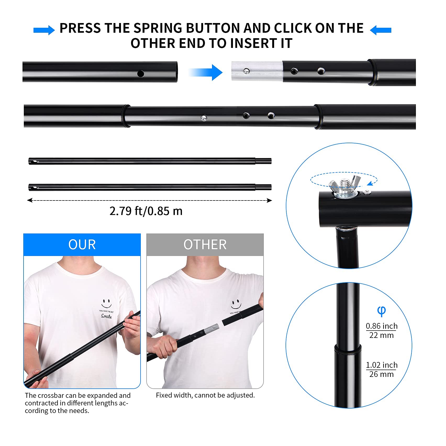 2,6 x 3 M Support de Toile de Fond + 8 Pcs Pince, Support de Fond Réglable avec 2 Sacs de Sable et 1 Sac de Transport pour Portrait Photo Studio Vidéo