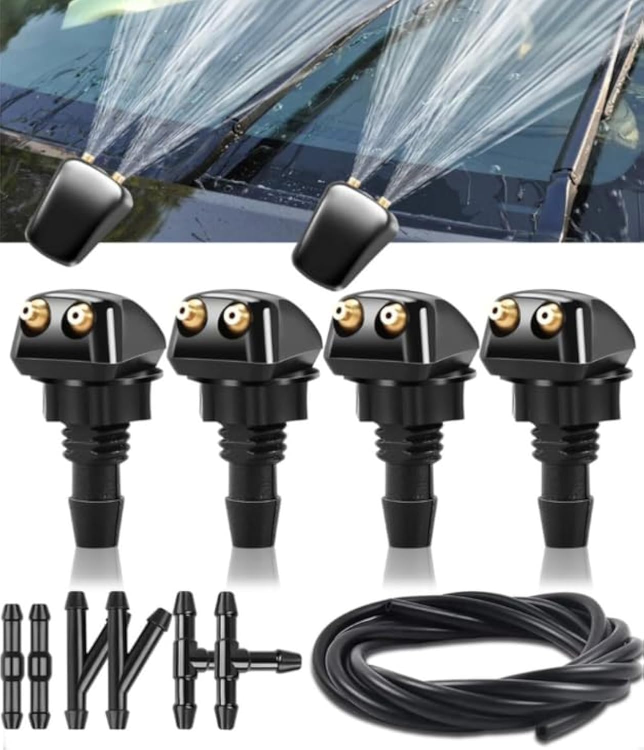 4pcs Front Windshield Washer Nozzles, Car Double-hole Wiper Washer Nozzle Kit, Fits for Most Cars Chrysler BMW Buick Chevrolet Dodge Sprayer Replacement Parts