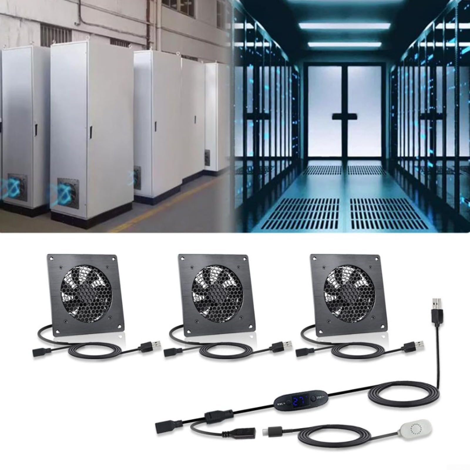U10T8025JGX2 - Ventilatore USB silenzioso con controllo della temperatura, 10 velocità, 0-60 °C, protezione IPX5, telaio in ferro per elettronica, raffreddamento e serra